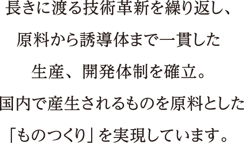 長きに渡る技術革新を繰り返し、原料から誘導体まで一貫した生産、開発体制を確立。国内で産生されるものを原料とした「ものつくり」を実現しています。